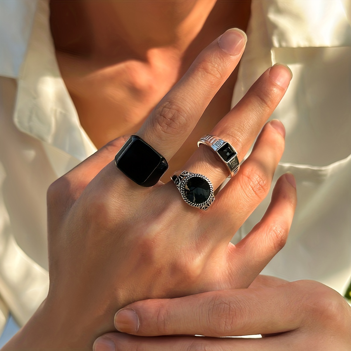 3pcs Set Men's Vintage Stackable Gemstone Rings