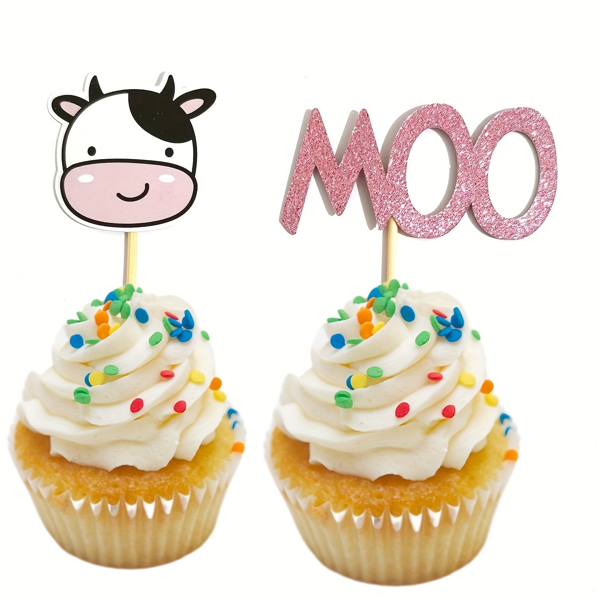 24 PCS Cow Cupcake Toppers Glitter Farm Animals Moo Cupcake Picks Cow Theme  Baby