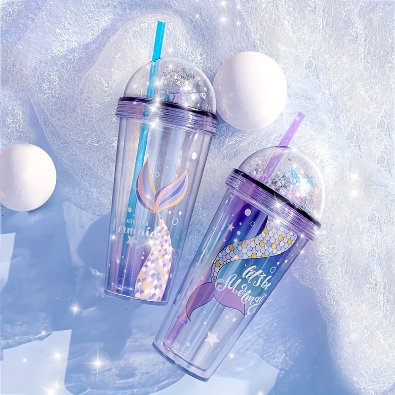 14oz Glitter Water Bottle Double Layer Tumbler With Straw Water