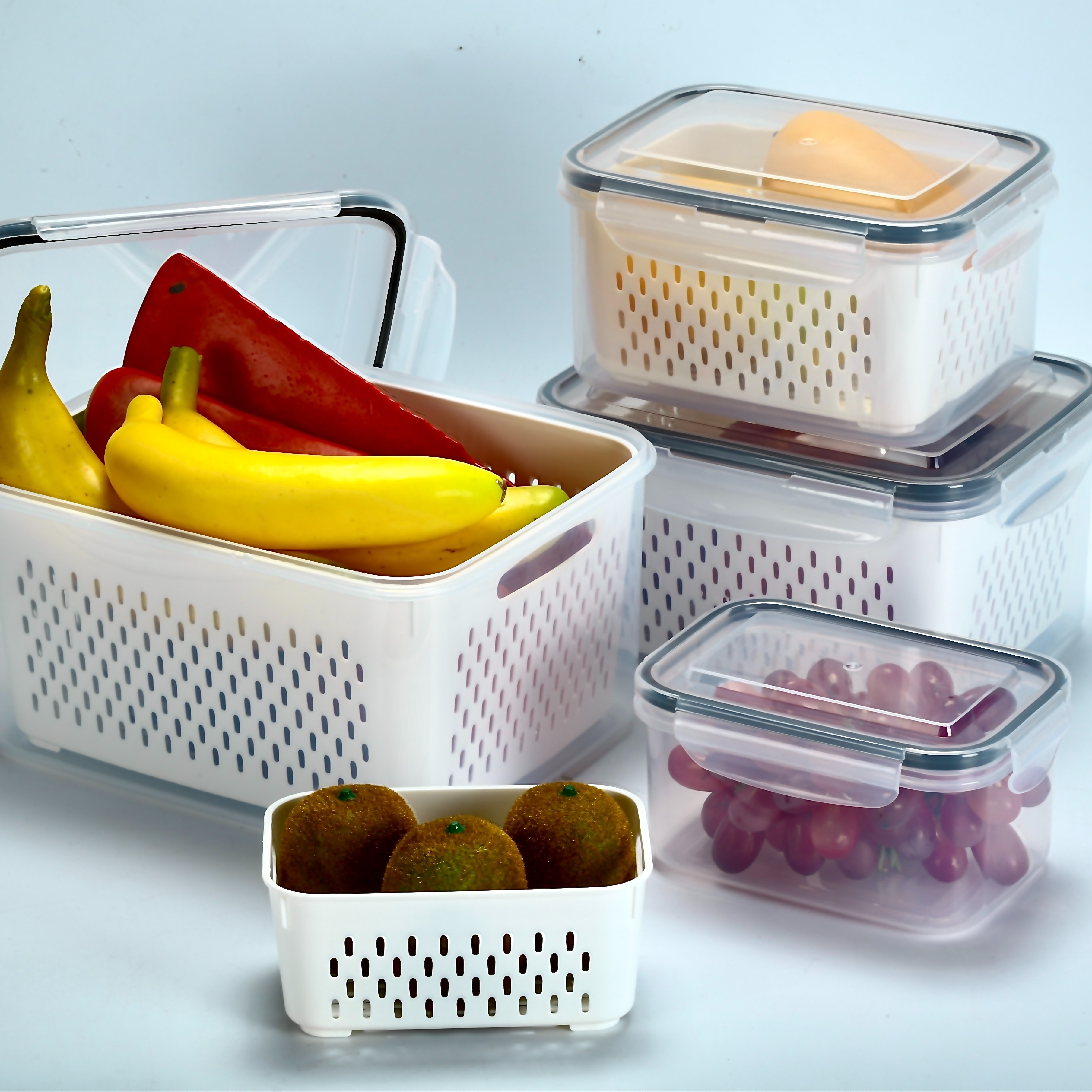 

4pcs Of 1 Set Refrigerator Double Layer Portable Drain Preservation Box With Flip Top Lid, Multifunctional Plastic Refrigerated Sealed Box, For Fruits, Vegetables, Storage Box
