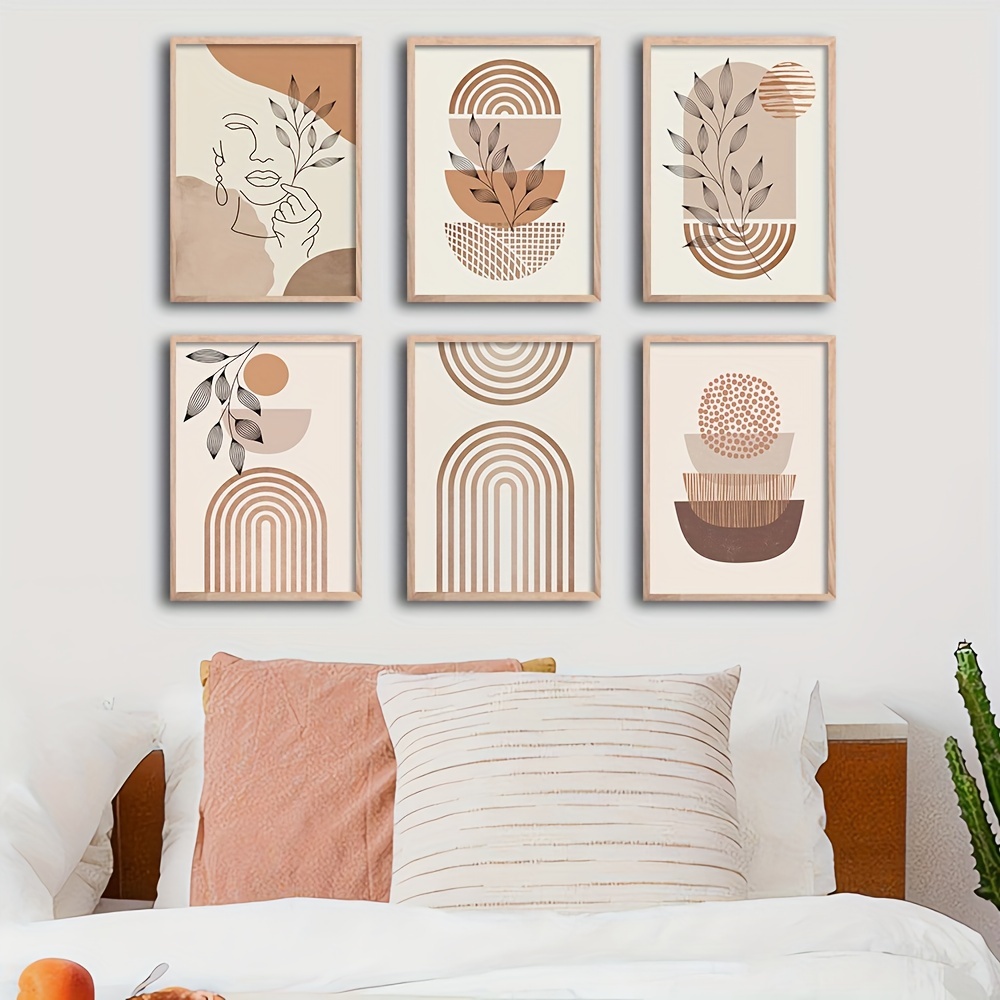 6pcs Boho Style Abstract Art Canvas Paintings, Geometry Graphic Line  Drawing Woman Plant Leaf Posters& Prints, Minimalism Abstract Wall Picture,  For