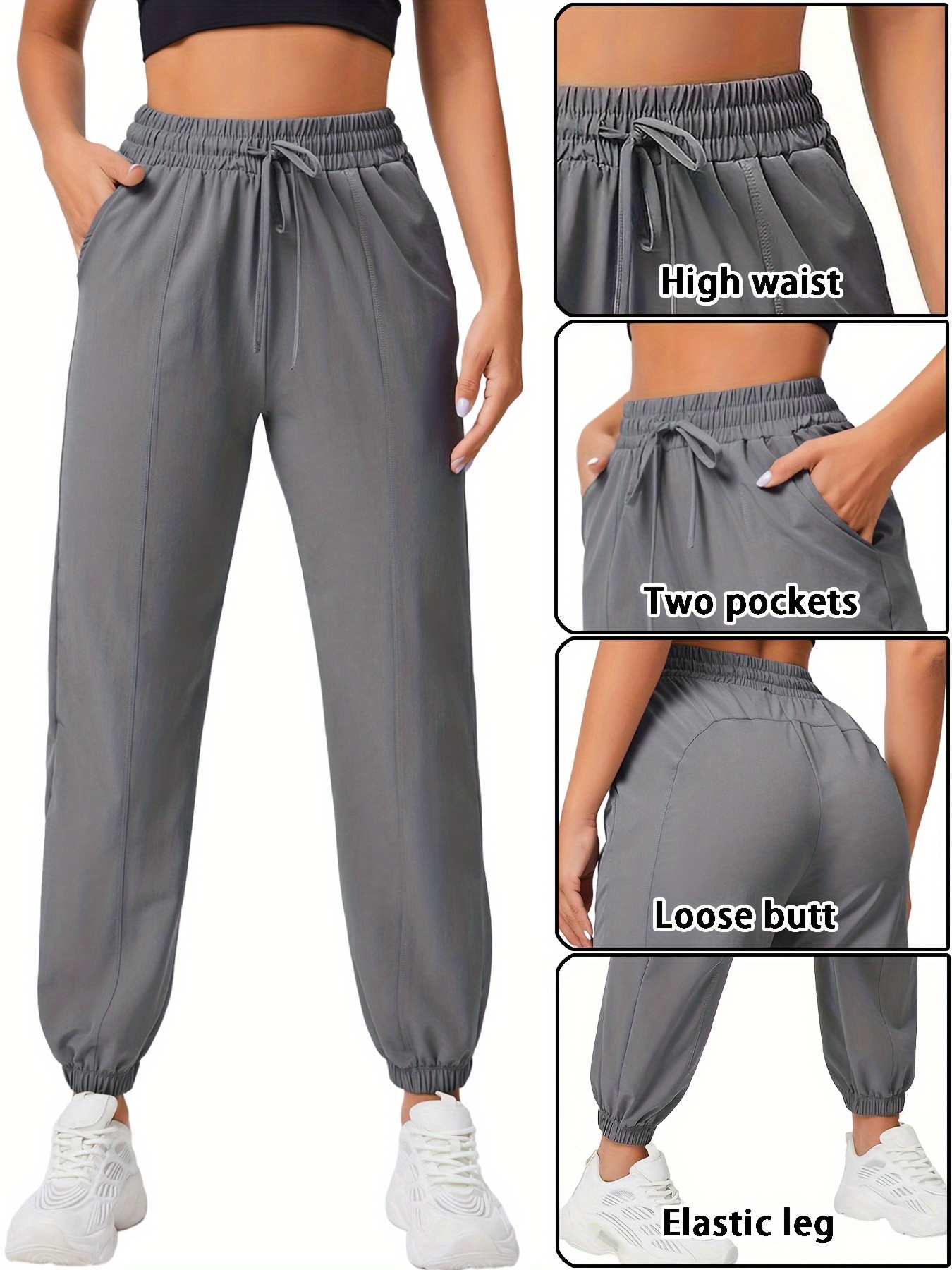 Womens Casual Pants Elastic Waist Solid Sweatpants Grey S 