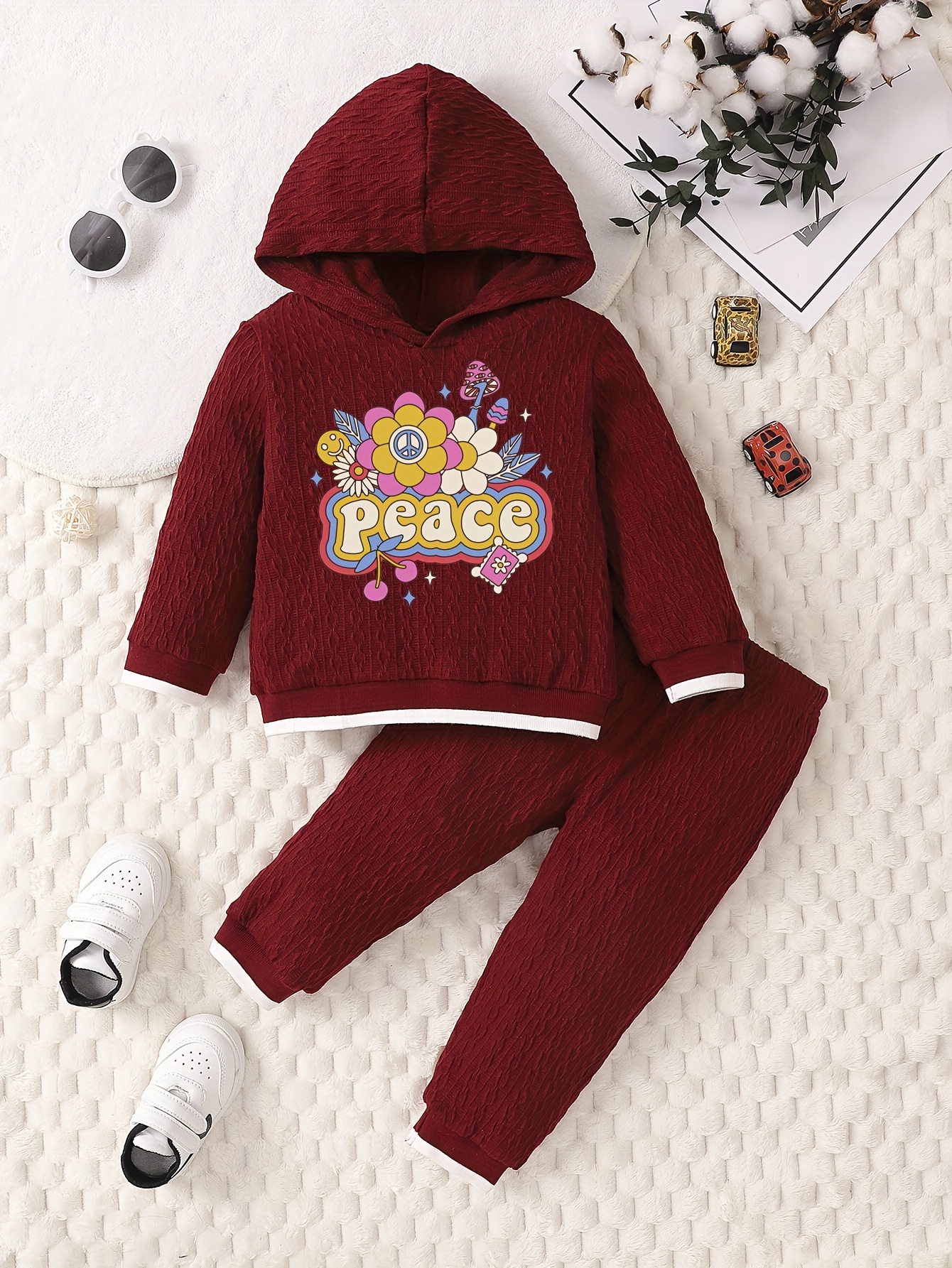 Girl's Peace Print Outfit Jacquard Hoodie Sweatpants Set - Temu