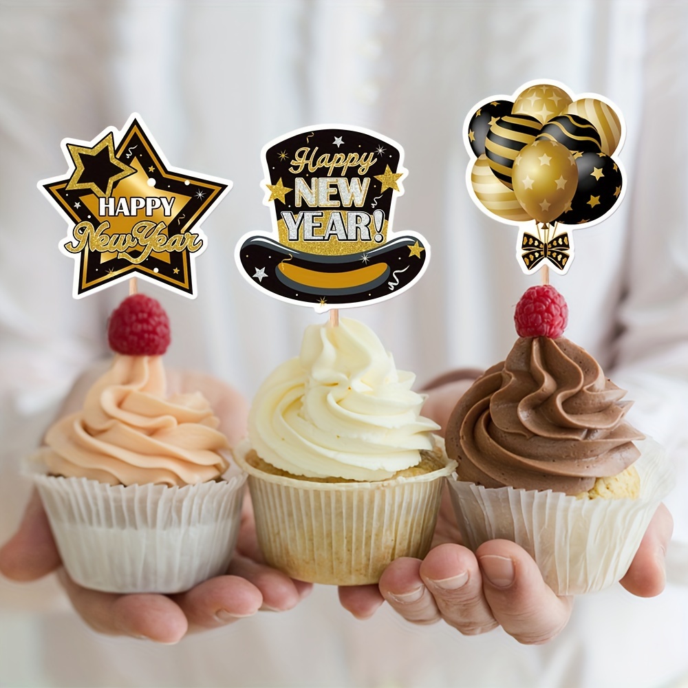 8pcs Black Gold New Year Style Cake Inserts, 2024 New Year Party Cake  Decoration Supplies, Cupcake Decorations Cake Topper
