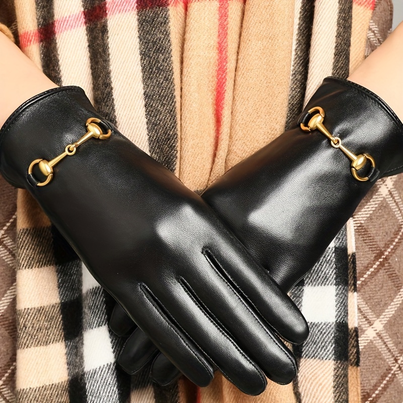 Stylish Black PU Leather Gloves Short Tighten Cuff Velvet Lined Warm Gloves  Winter Coldproof Waterproof Touchscreen Gloves