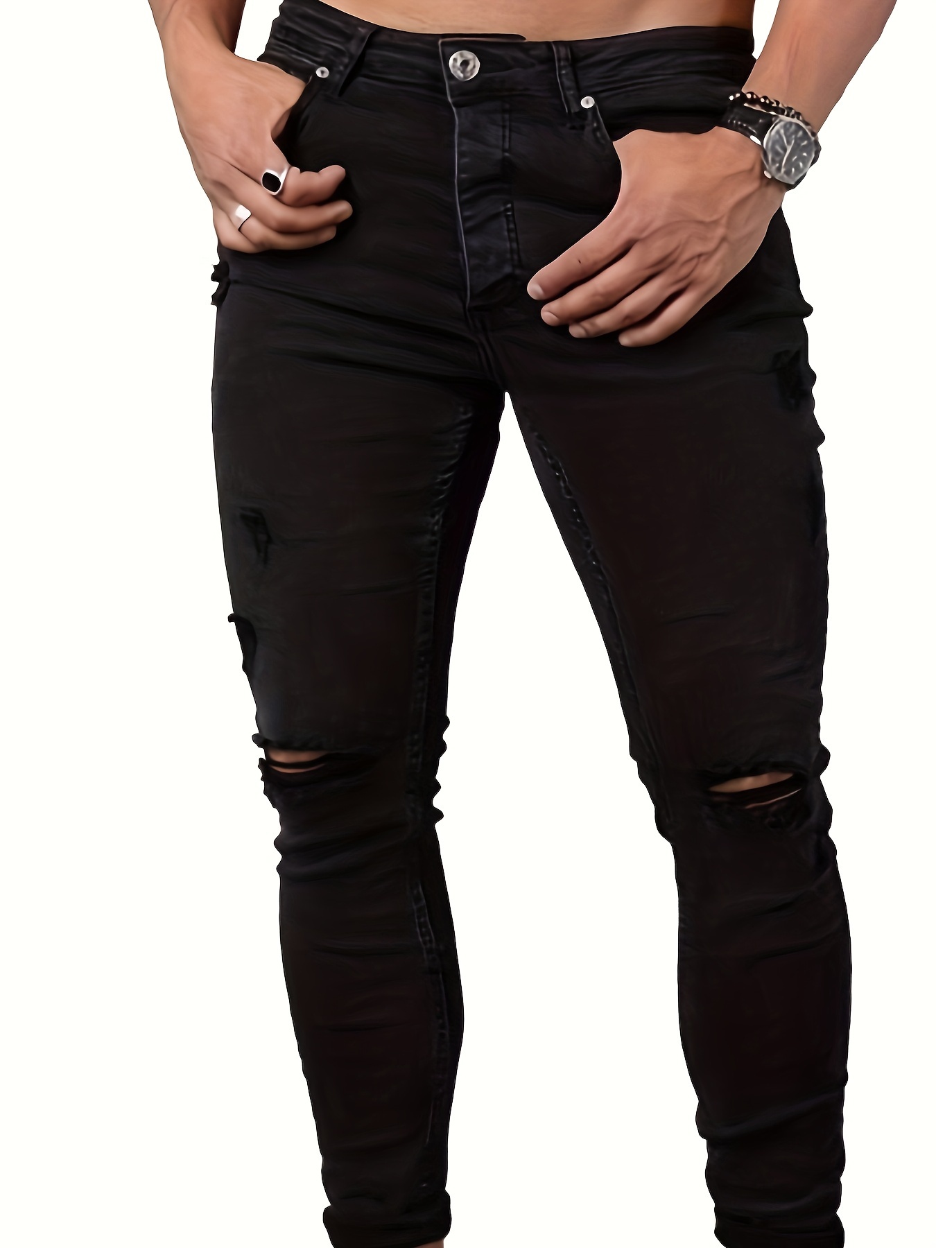 Men's Ripped Skinny Jeans, Casual Street Style Stretch Denim Pants