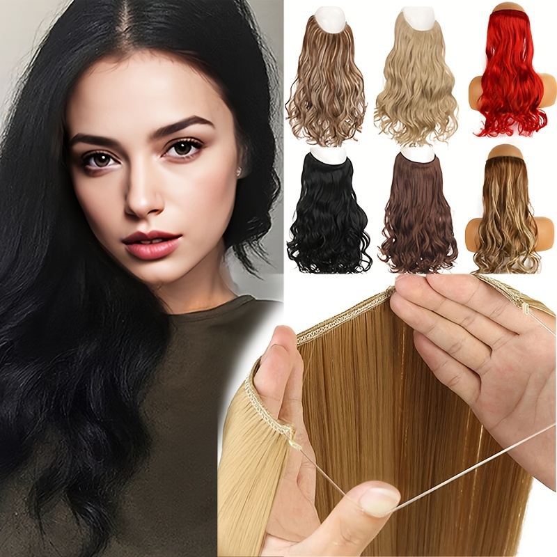 Halo Hair Extensions Fish Line Hair 6 Clips Synthetic Clips - Temu