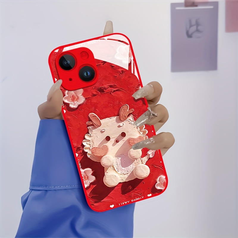 

Creative Oil Painting Red Small Dragon Pattern Phone Case Suitable For 15, 14, 13, 12, 11 X/xs Xr Xs Pro Max Plus Red Metallic Paint Silicone Glass Straight Edge New All Inclusive Protective Case