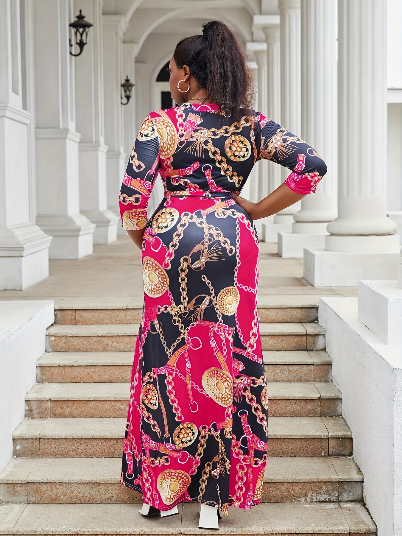 plus size elegant dress womens plus chain print surplice - Temu Kuwait