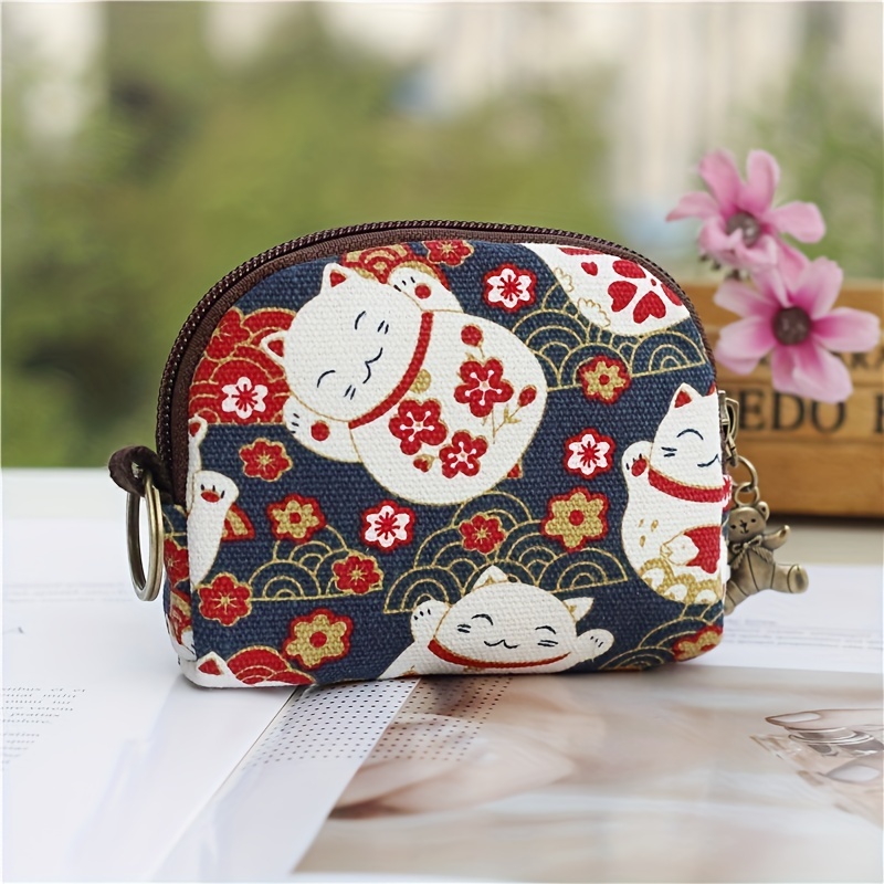 Japanese Style Canvas Coin Purse, Zipper Around Storage Bag, Mini Wallet With Keychain