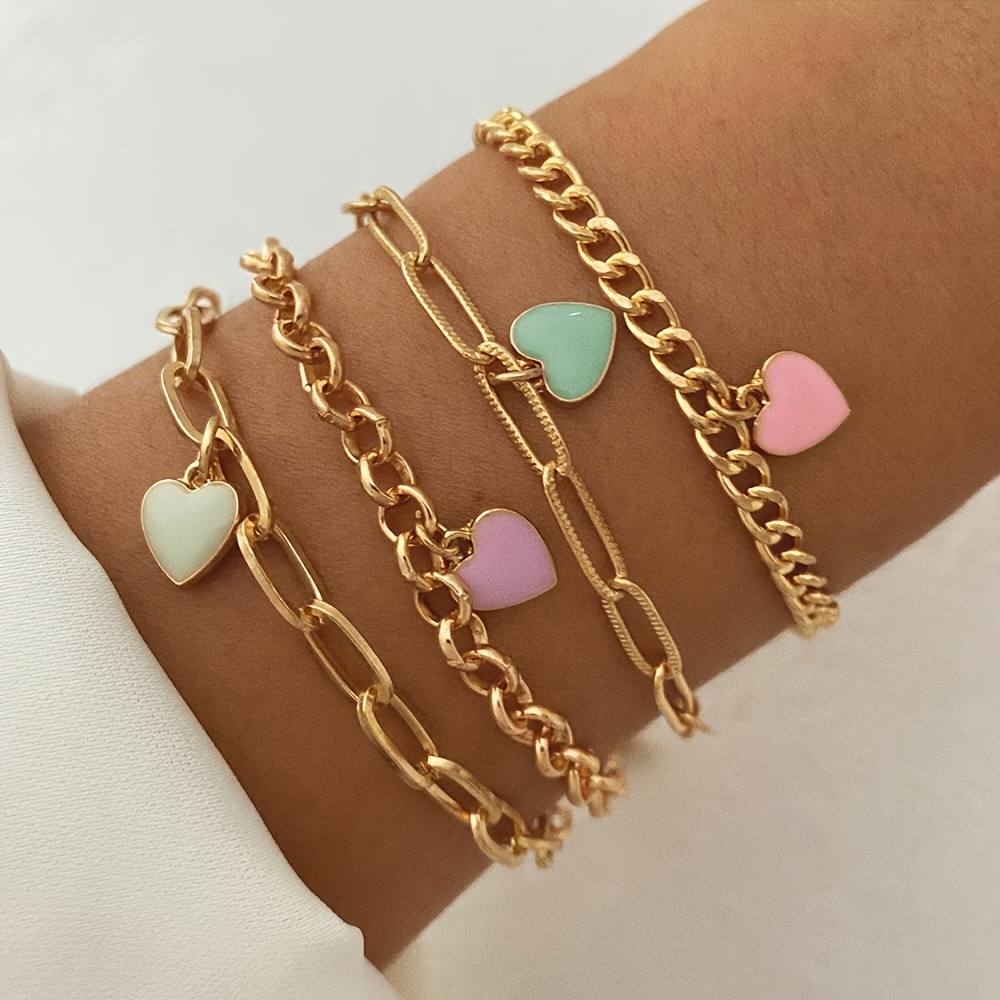 

4 Pcs Heart Shape Pendant Chain Bracelet Adjustable Zinc Alloy Hand Jewelry Summer Beach Clothings Accessories