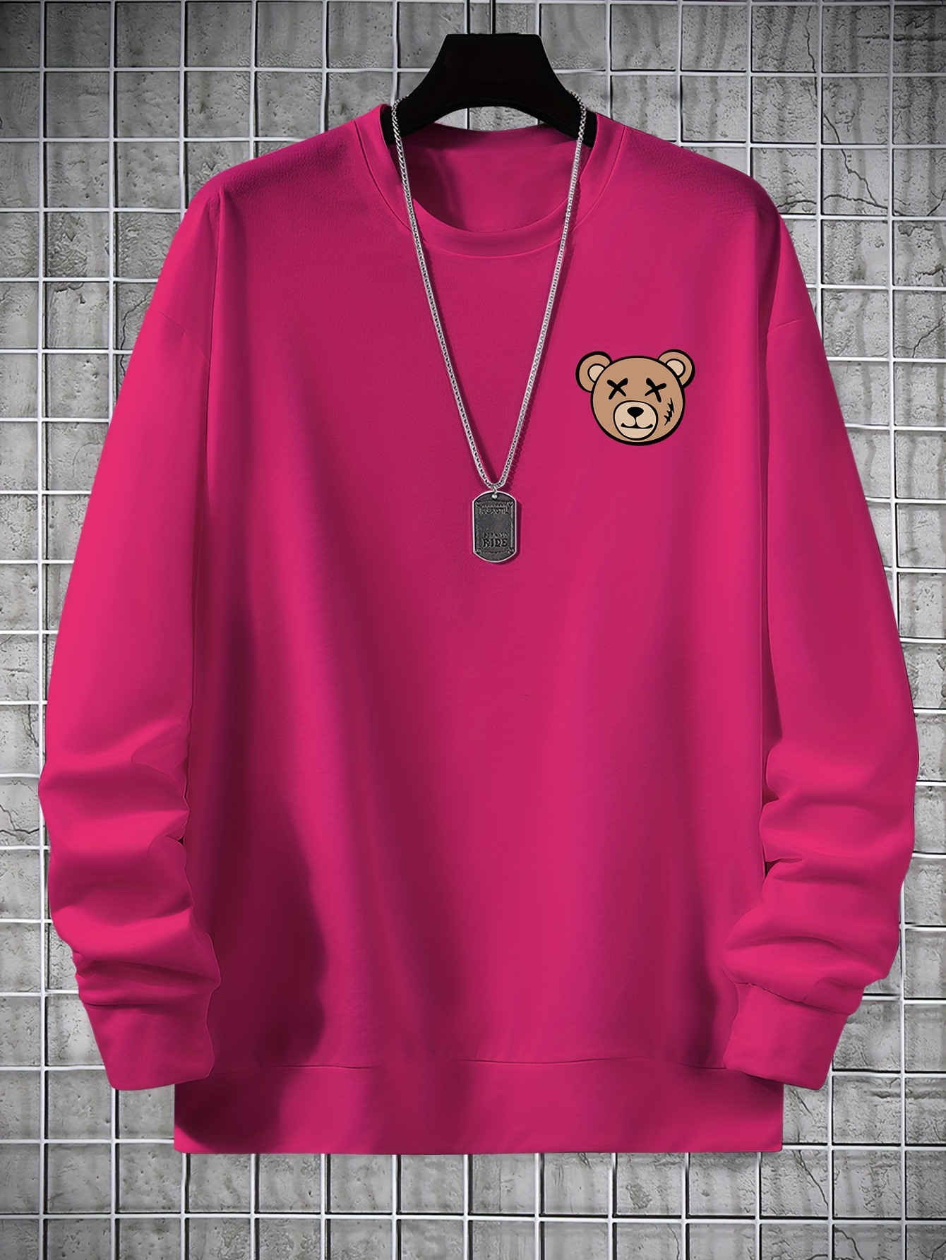 Rich Bear Print Loose Sweatshirt, Cute Long Sleeve Crew Neck