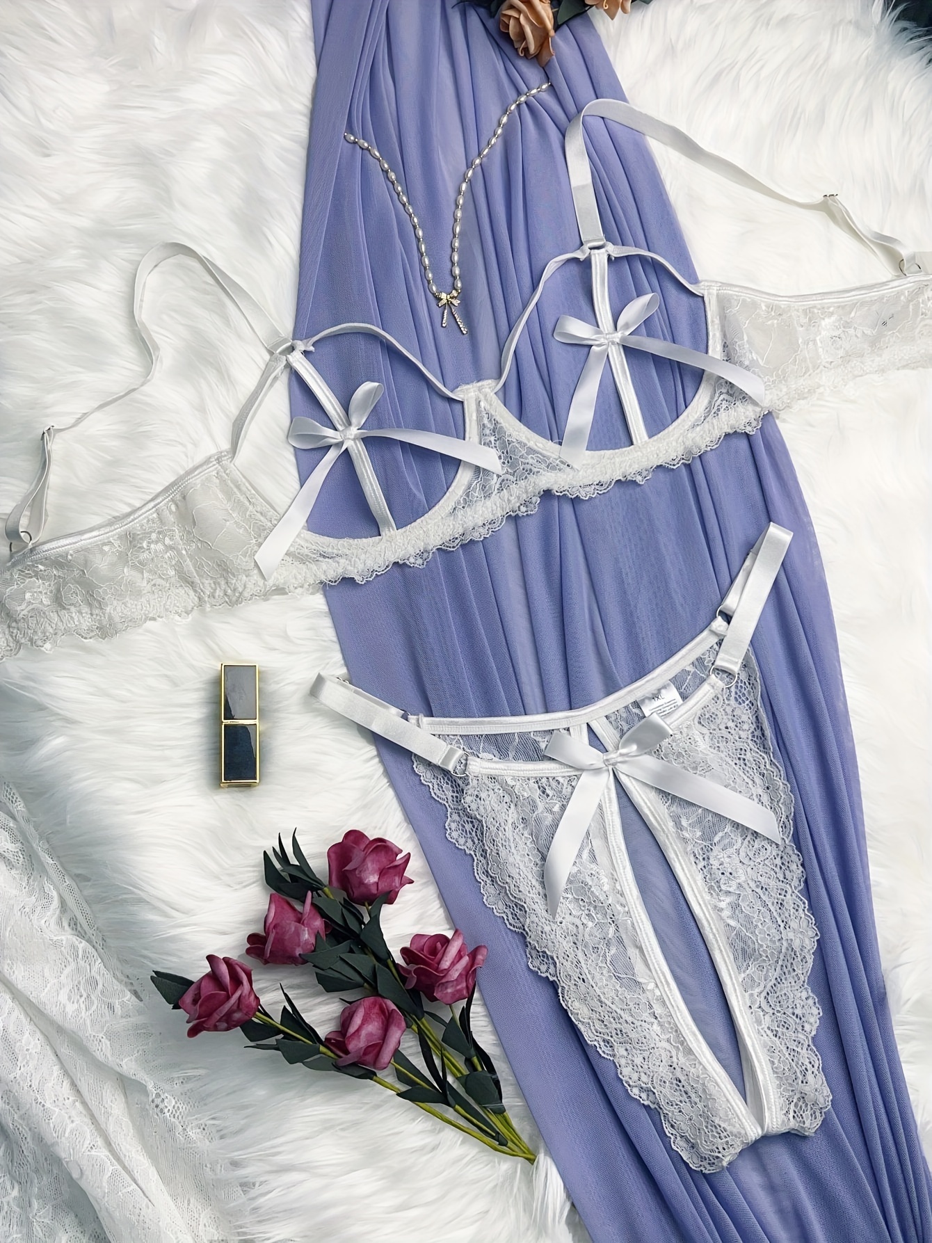 Women's Blue Lace Mesh Print Tube See Through Sleeveless Lingerie Set