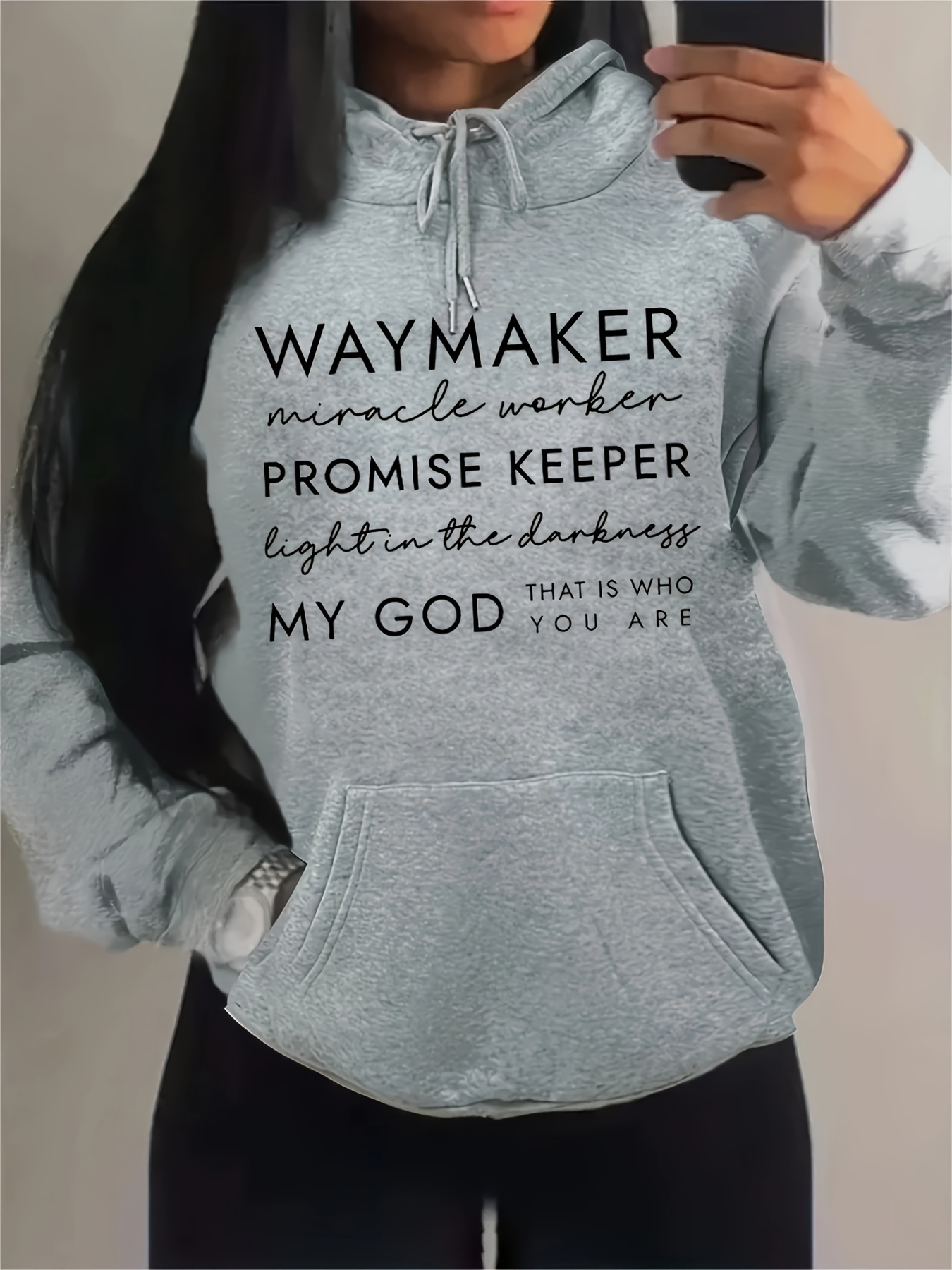 Waymaker Letter Print Drawstring Hoodie Casual Long Sleeve Kangaroo Pocket Sweatshirt Women s Clothing