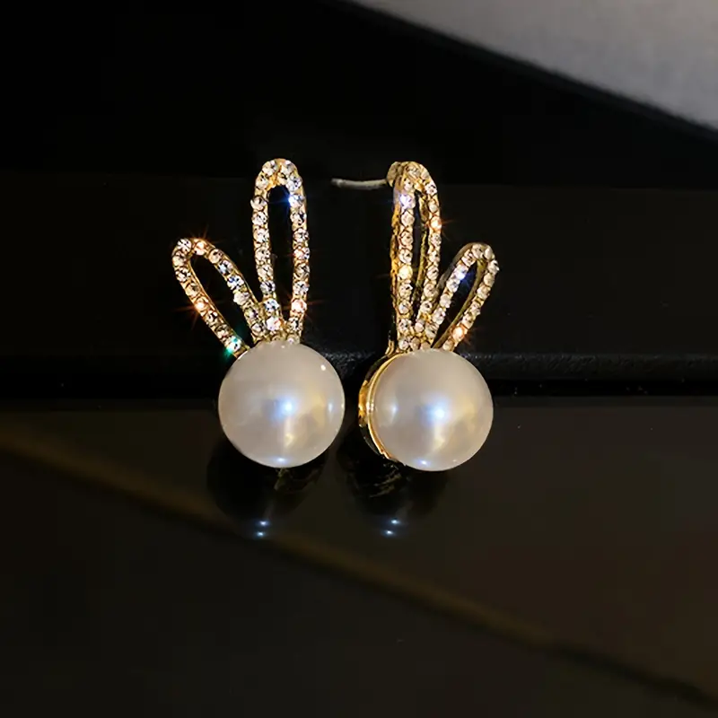 adorable rabbit design stud earrings alloy jewelry embellished with imitation pearl cute elegant style for women party ear decor details 2