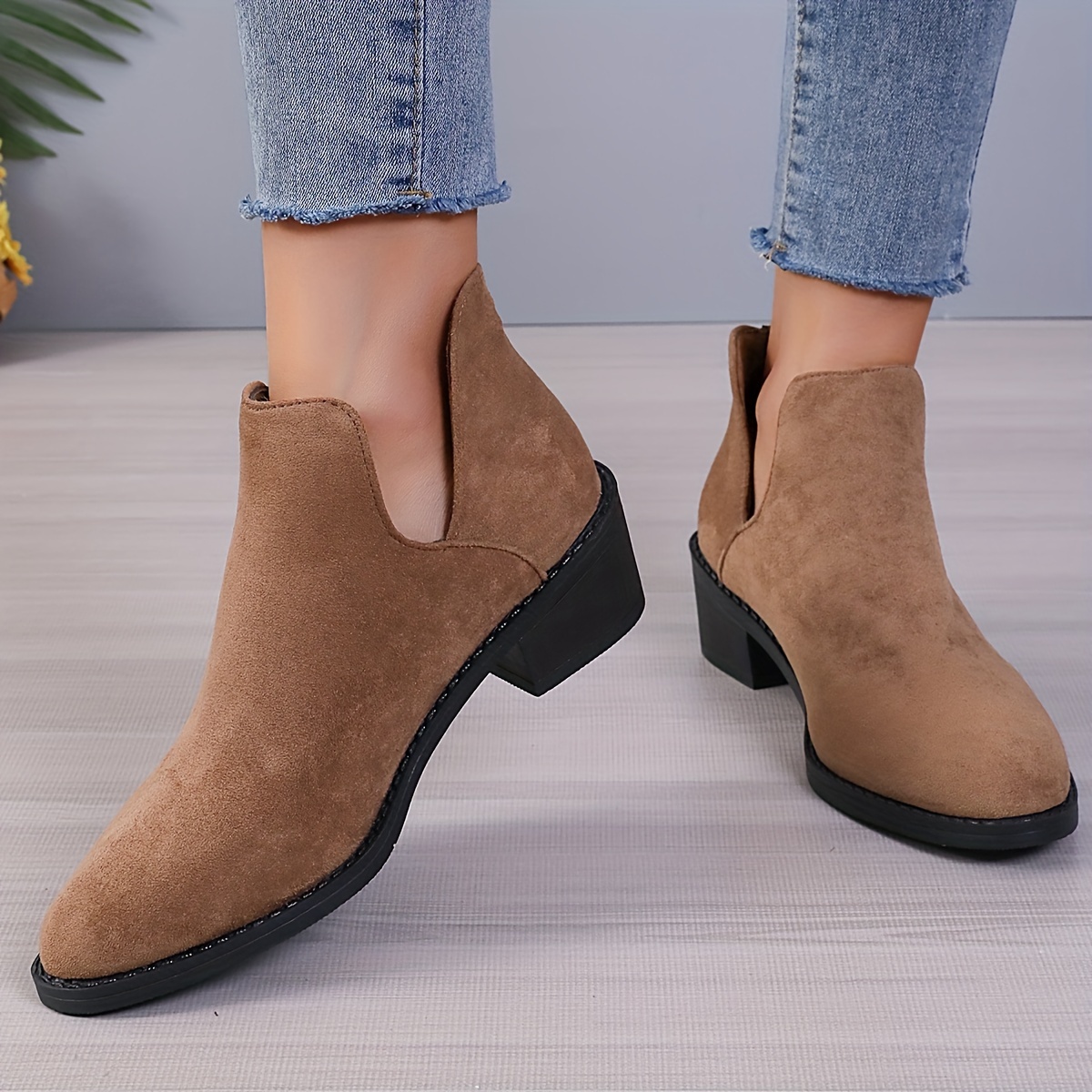 Women's Chunky Heel Short Boots, Causal Cutout Design Solid Color Boots,  Comfortable Ankle Boots