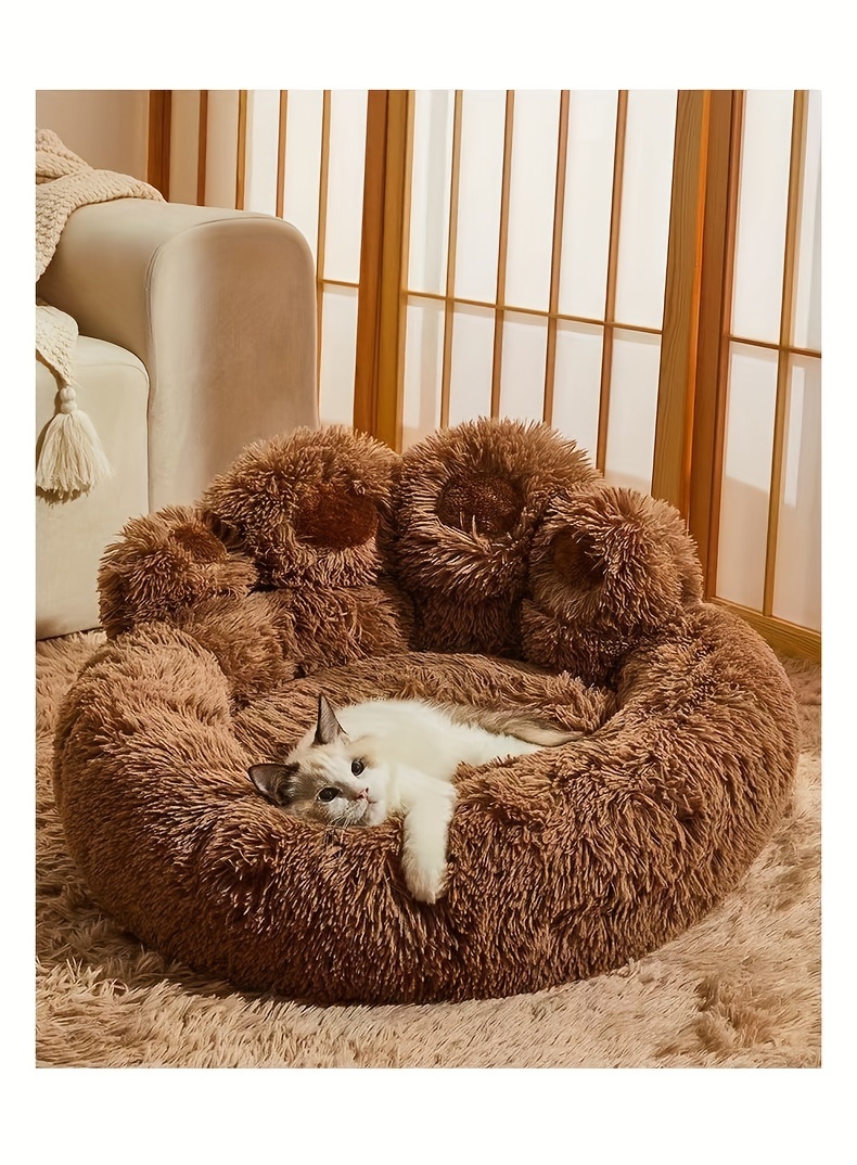 Paw Shape Pet Round Bed Calming Donut Dog Sleeping Bed Faux Temu