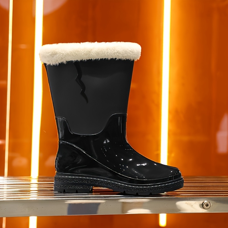 Women's Fleece Lined Rain Boots Waterproof Mid Calf Rubber Shoes