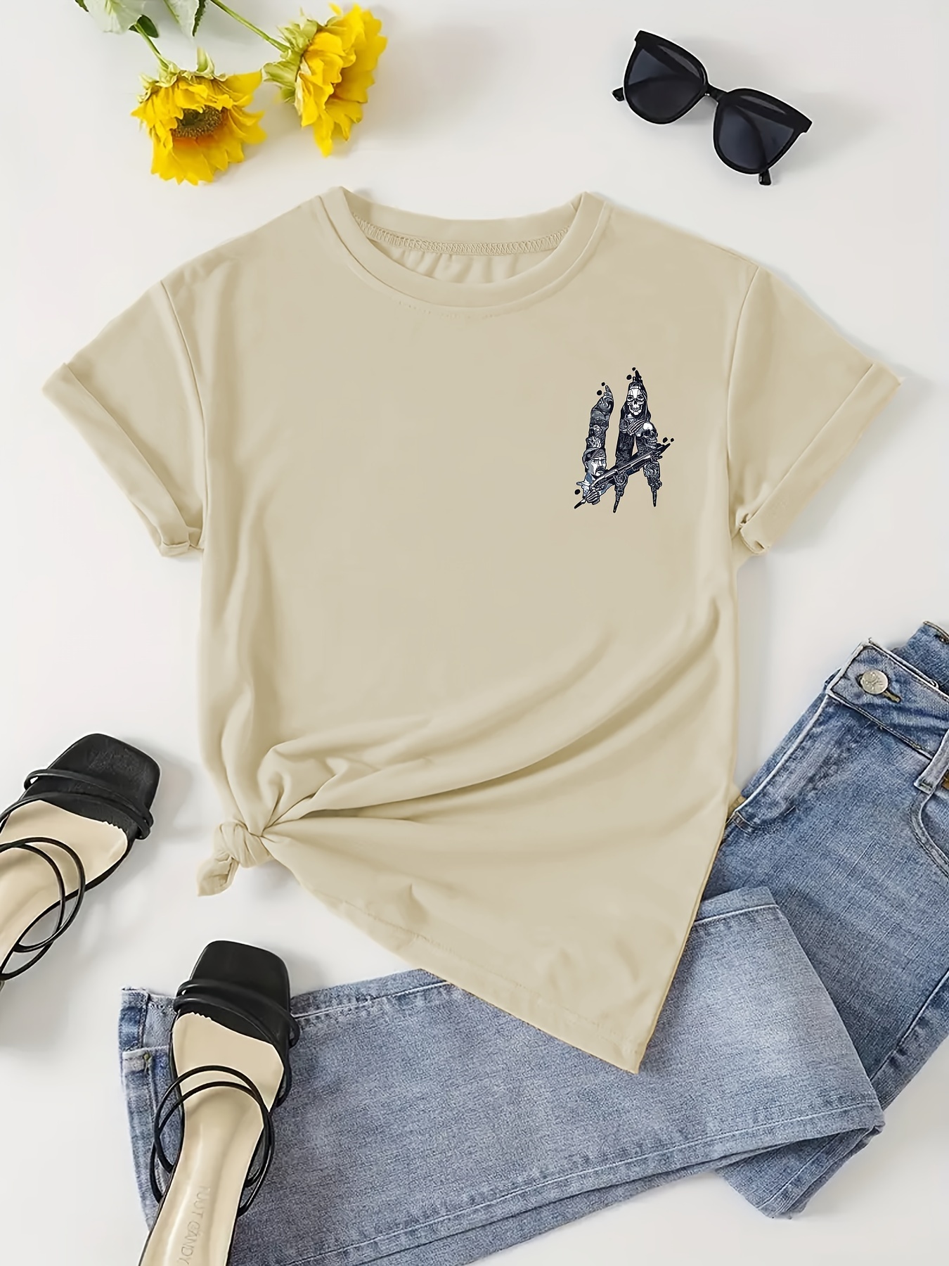 Plus Size Cartoon Print T shirt Casual Crew Neck Short - Temu Canada