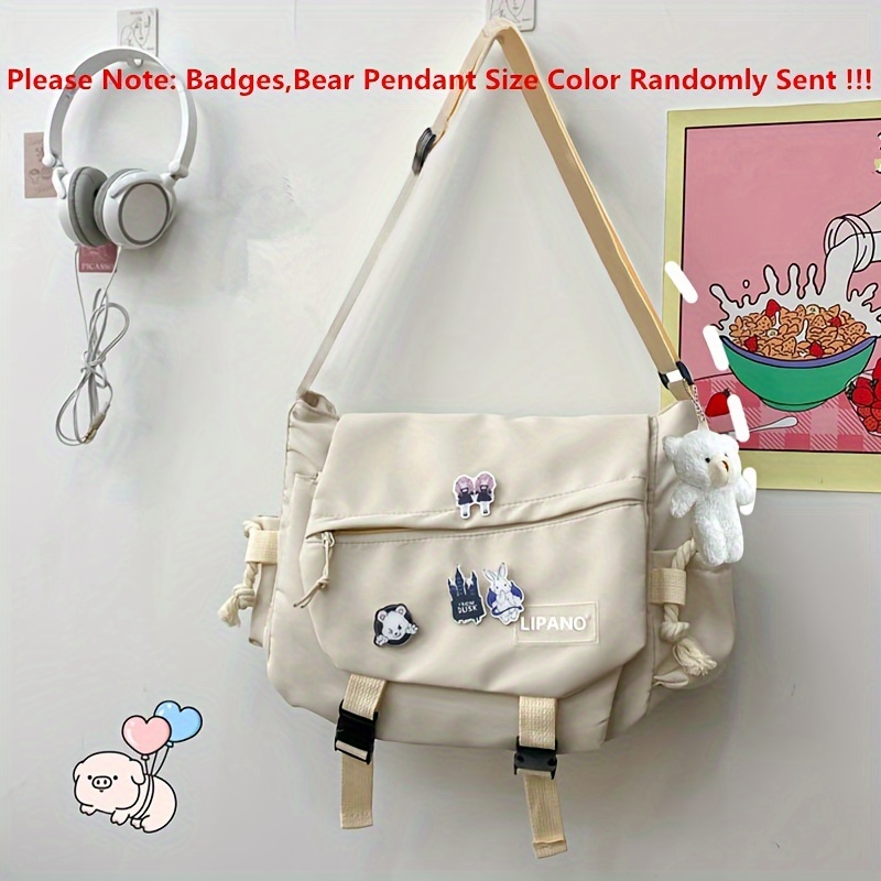 Fashion Kawaii Canvas Messenger Bag With Pin And Cartoon Pendant Cute Girl  Aesthetic Backpack Student School Bag (white)