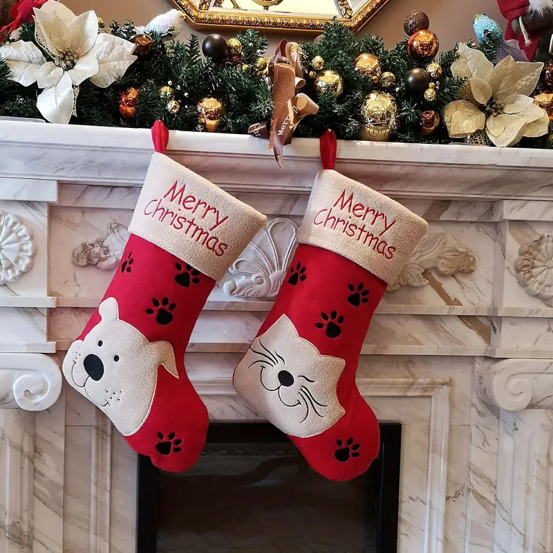 Cat And Dog Felt Christmas Stockings Paws Embroidered For - Temu