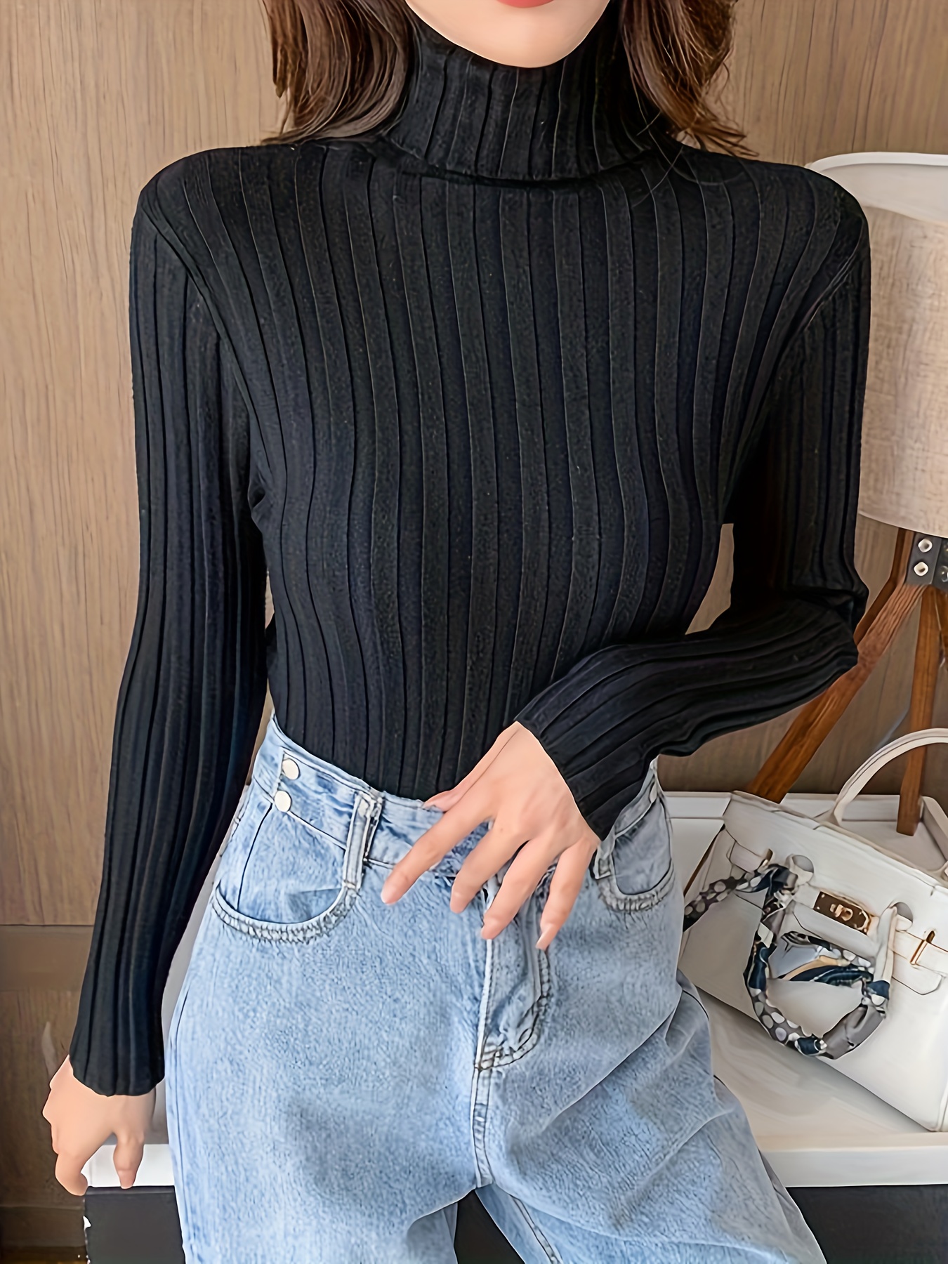 Solid Turtle Neck Rib Knit Sweater, Casual Long Sleeve Slim Versatile  Sweater, Women's Clothing