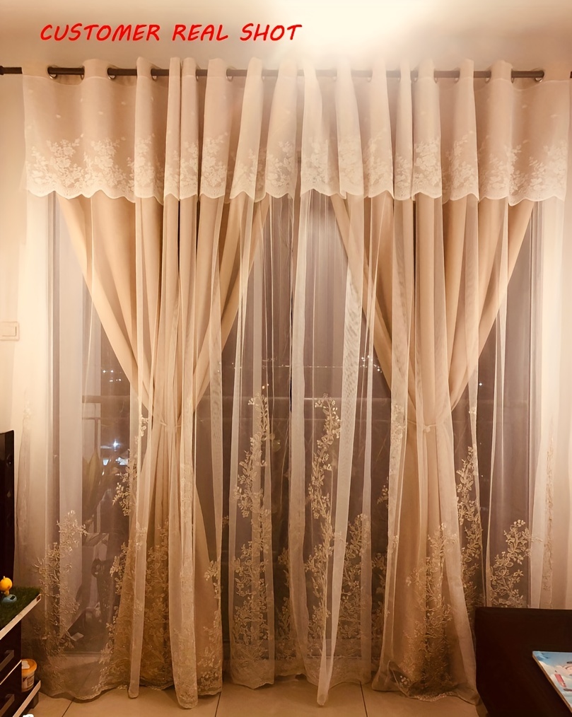 1pc double layer embroidery curtain with lace grommet top semi blackout cloth window drapes curtains for bedroom living room sliding door home decor details 9