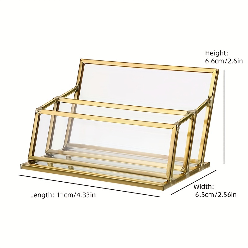 Image of 2 Slots Glass Business Card Holder Stand Golden Metal Frame Name Card Display Stand Business Name Card Organizer For Office Tabletop, Fits 80- Business Cards
