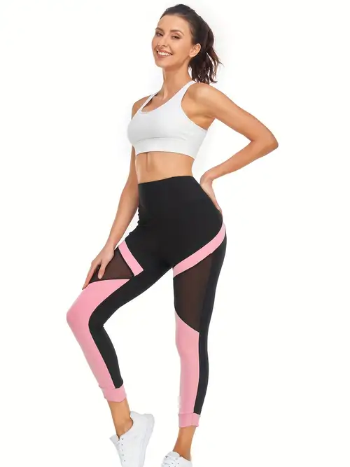 High waisted Yoga Leggings With Mesh Cut outs And Contrast - Temu
