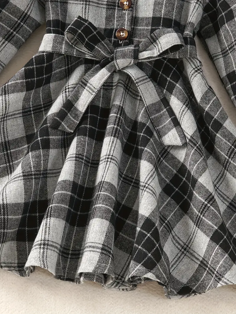 girls classic plaid dress with bowknot belt collar long sleeves dress for spring autumn details 9