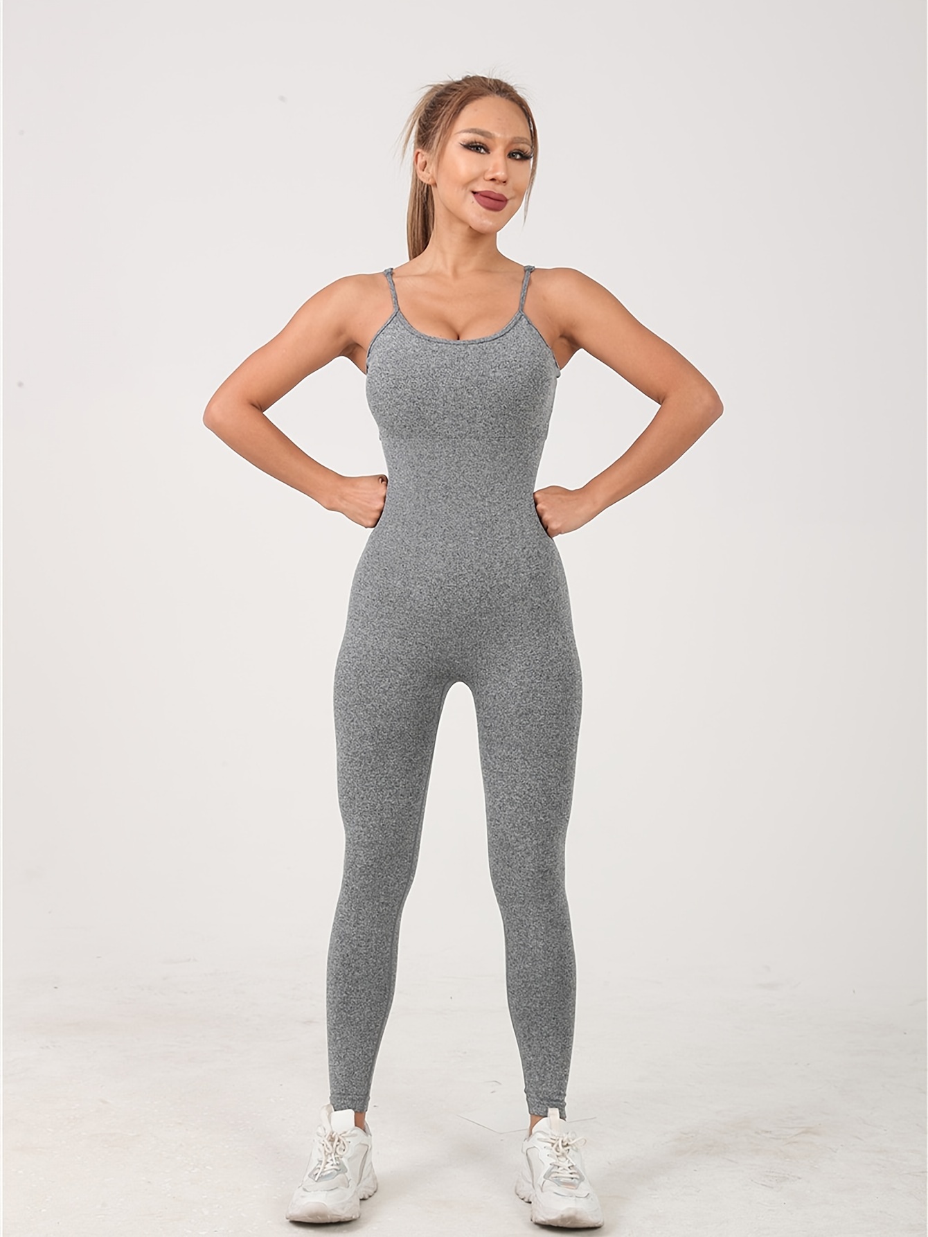 Plain Tummy Control Yoga Jumpsuit Round Neck High Stretch - Temu Canada