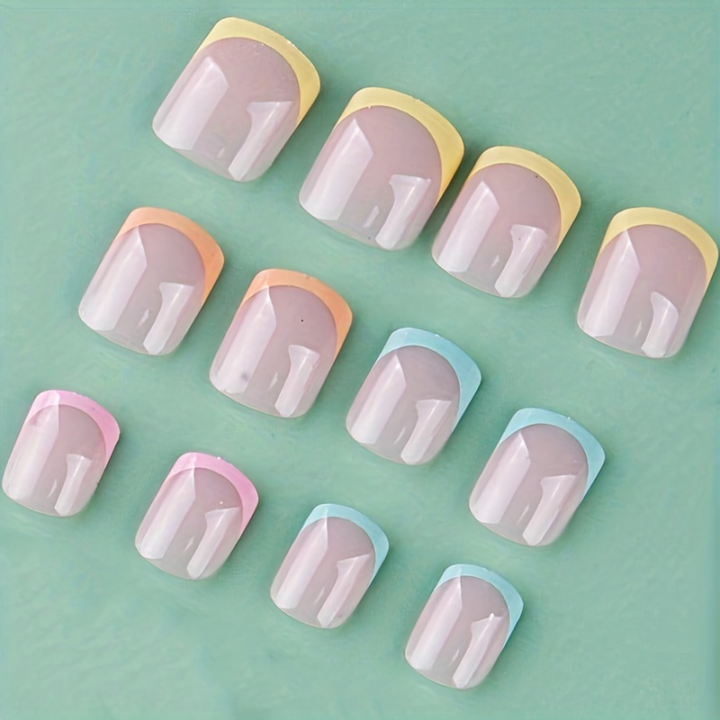 short square press on nails glossy   nails with colorful french tip acrylic   false nails for women and girls 24pcs 2