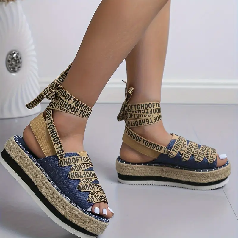 womens letter print platform sandals casual open toe summer shoes comfortable lace up sandals details 7