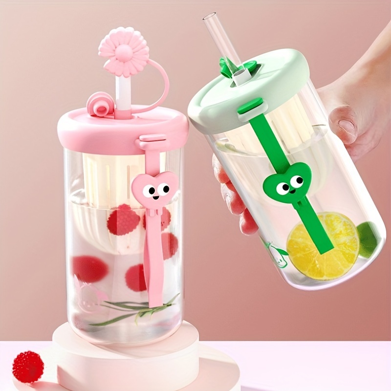 Small Cute Glass Cups With Lids And Straws Drinking - Temu