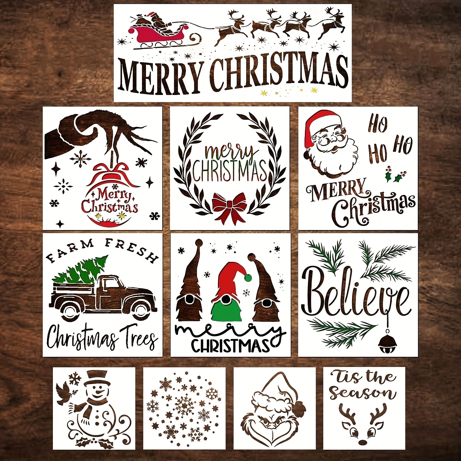 9Pcs Christmas Stencils Reusable, 12X12 Inch Round Large Christmas Stencils  for Painting on Wood Sign Front Door Hanger Xmas Home Decor