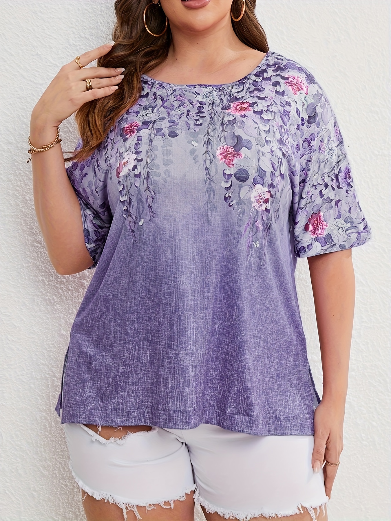 Shirts for Women Plus Size Casual Print Round-Neck Tshirts Lace