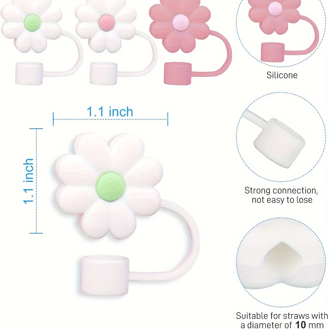 Silicone Straw Cover Topper Caps Flowers for Reusable Straws, Cute Pink  Daisy White Flower Straw Decorations Cap Cover Fits Most Straws 