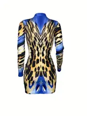 leopard print zip up dress party club wear long sleeve bodycon dress womens clothing details 6