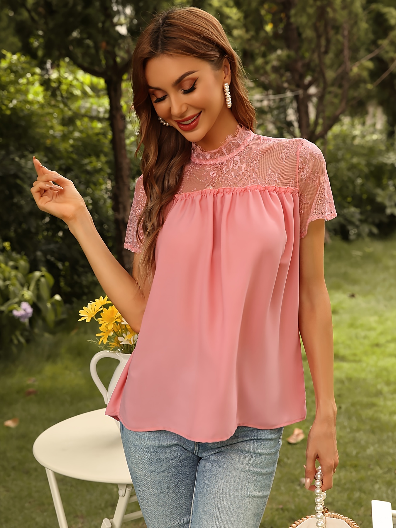 Chiffon Solid Crew Neck Blouse Floral Embroidered Mesh Yoke Top