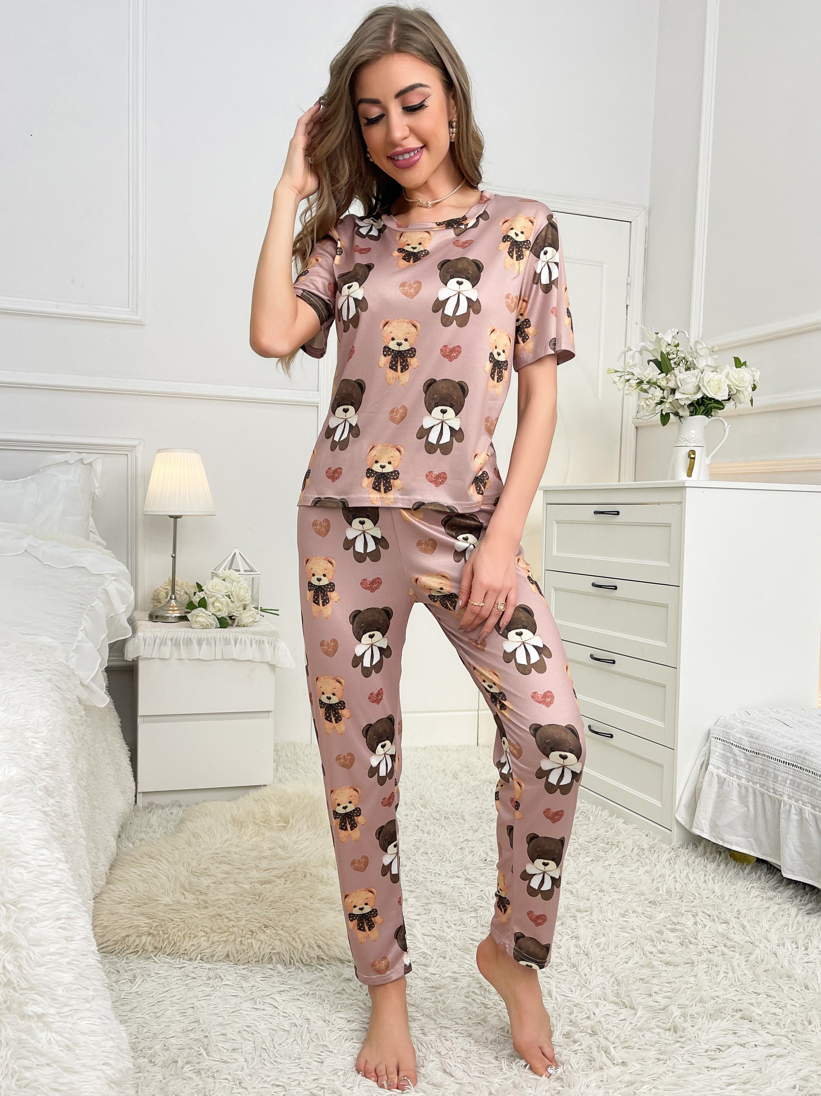 Cartoon Elephant Print Pajama Set Short Sleeve Crew Neck Top