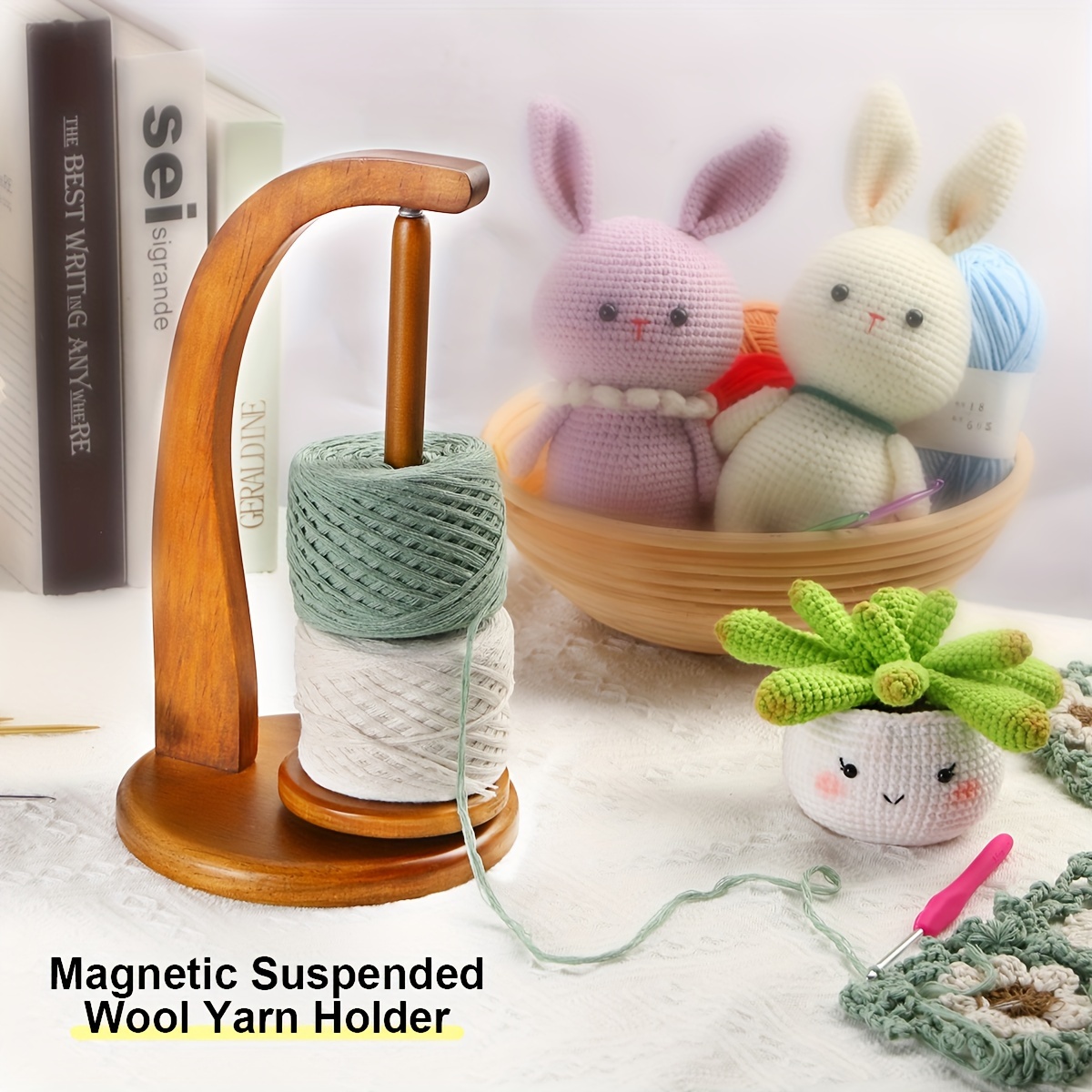 Newest Model Magnetic Pendulum Wooden Yarn Holder for Crocheting,Yarn Storage Organizer with Yarn Spinner for Balls,Delightful Surprise Gift for