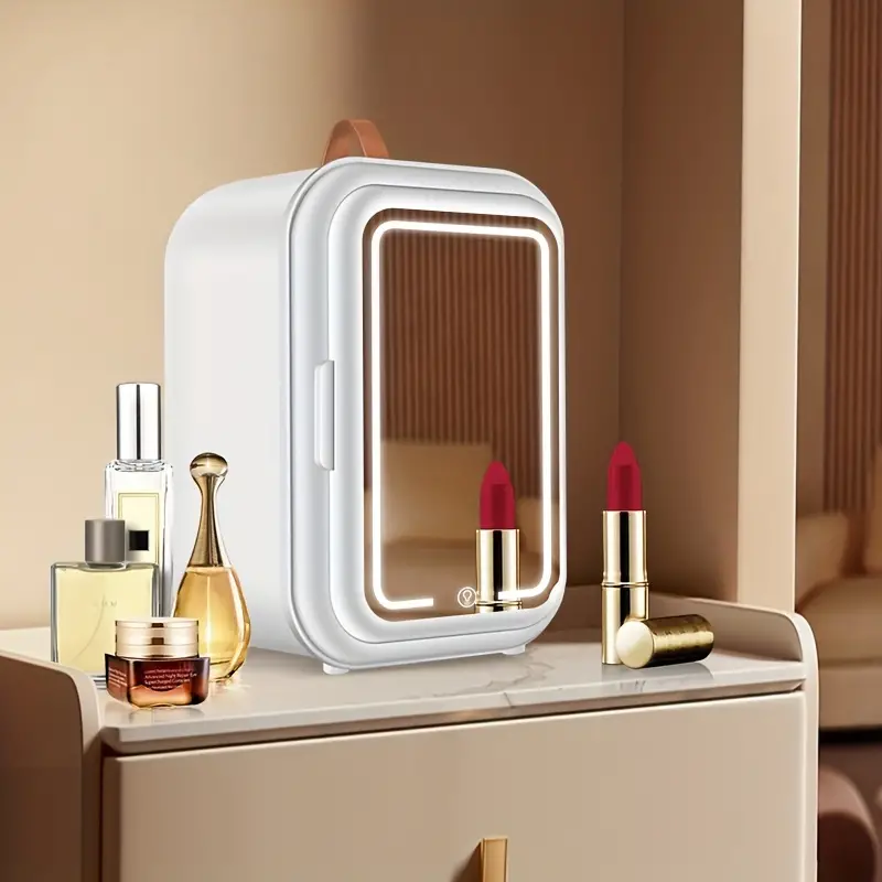 9l mini mirror refrigerator with dimmable led mirror design mini beauty mirror skin care products cooler car home dual use portable small refrigerator hot and cold use silent low power smart touch screen mini fridge for bedroom office and car white details 0