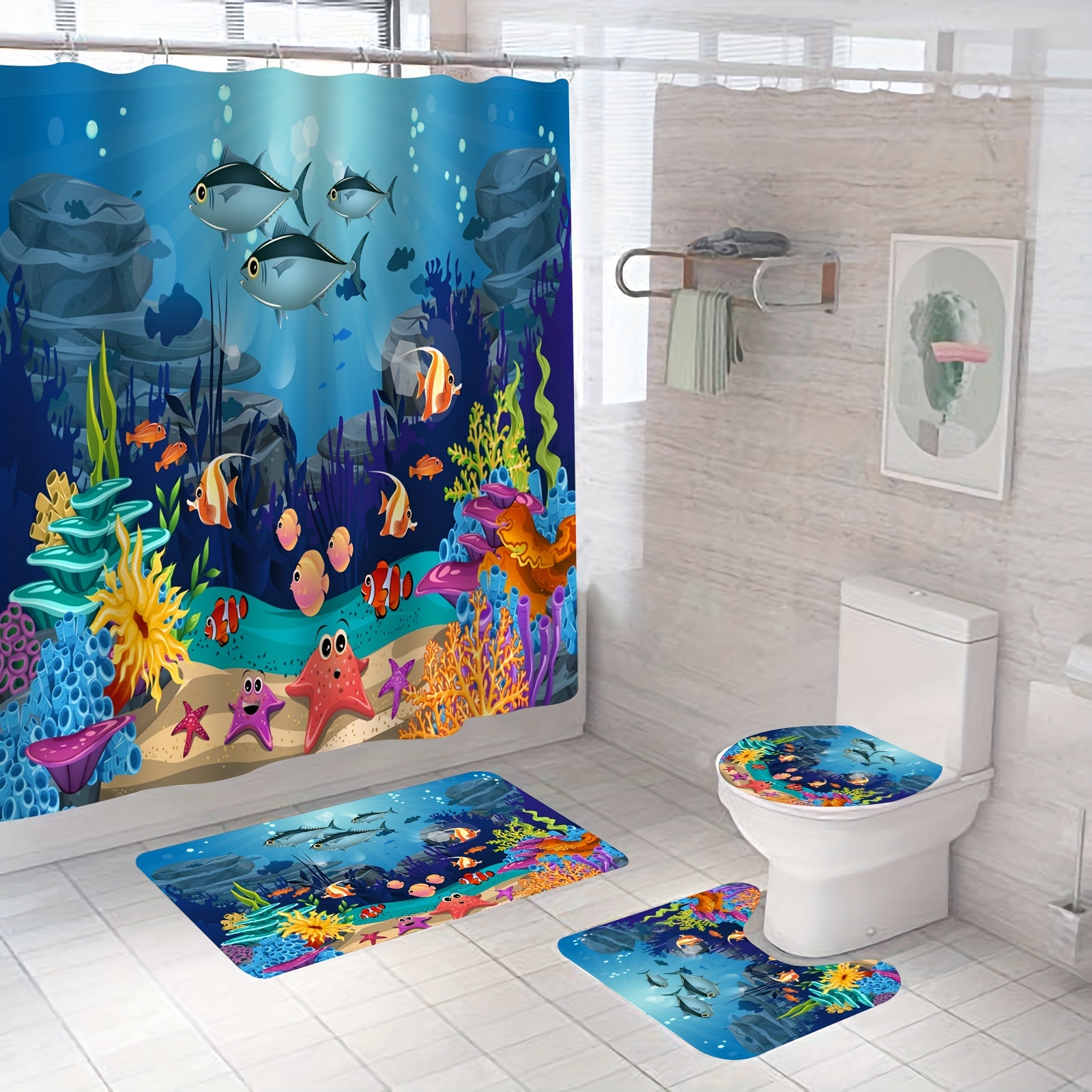 Uokiuki Divertida cortina de ducha de tela de gato, cortina de ducha para  baño, cortina de ducha de animales marinos submarinos tropicales coral con