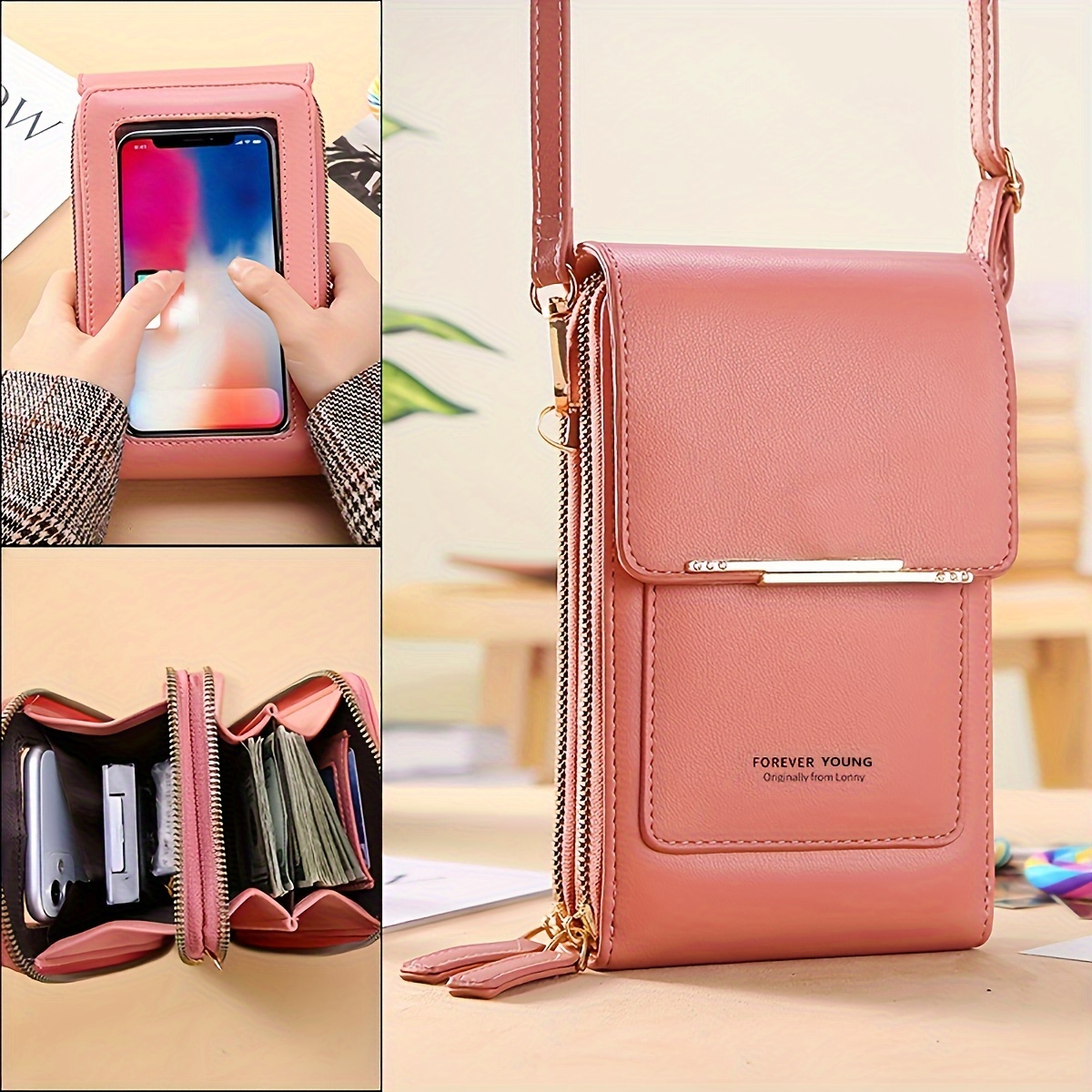 Women's Cell Phone Pouch with Removable Strap, Wristlet Hand Bag, Long Wallet with Touch Screem, Coin Purse,Temu