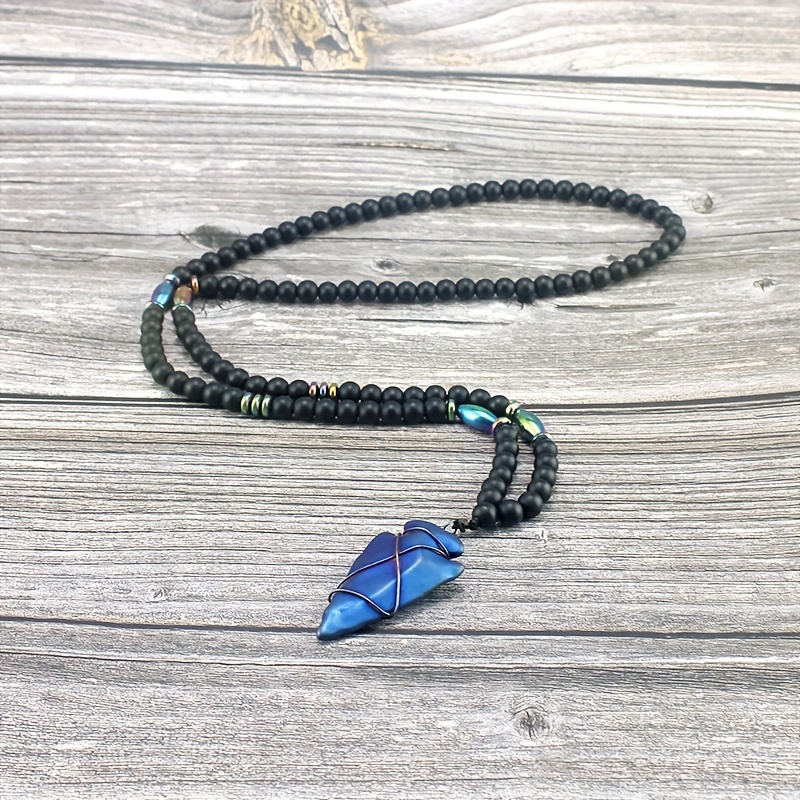 Matte Agate Round Beads Gallstone Arrow Pendant Necklace for Men