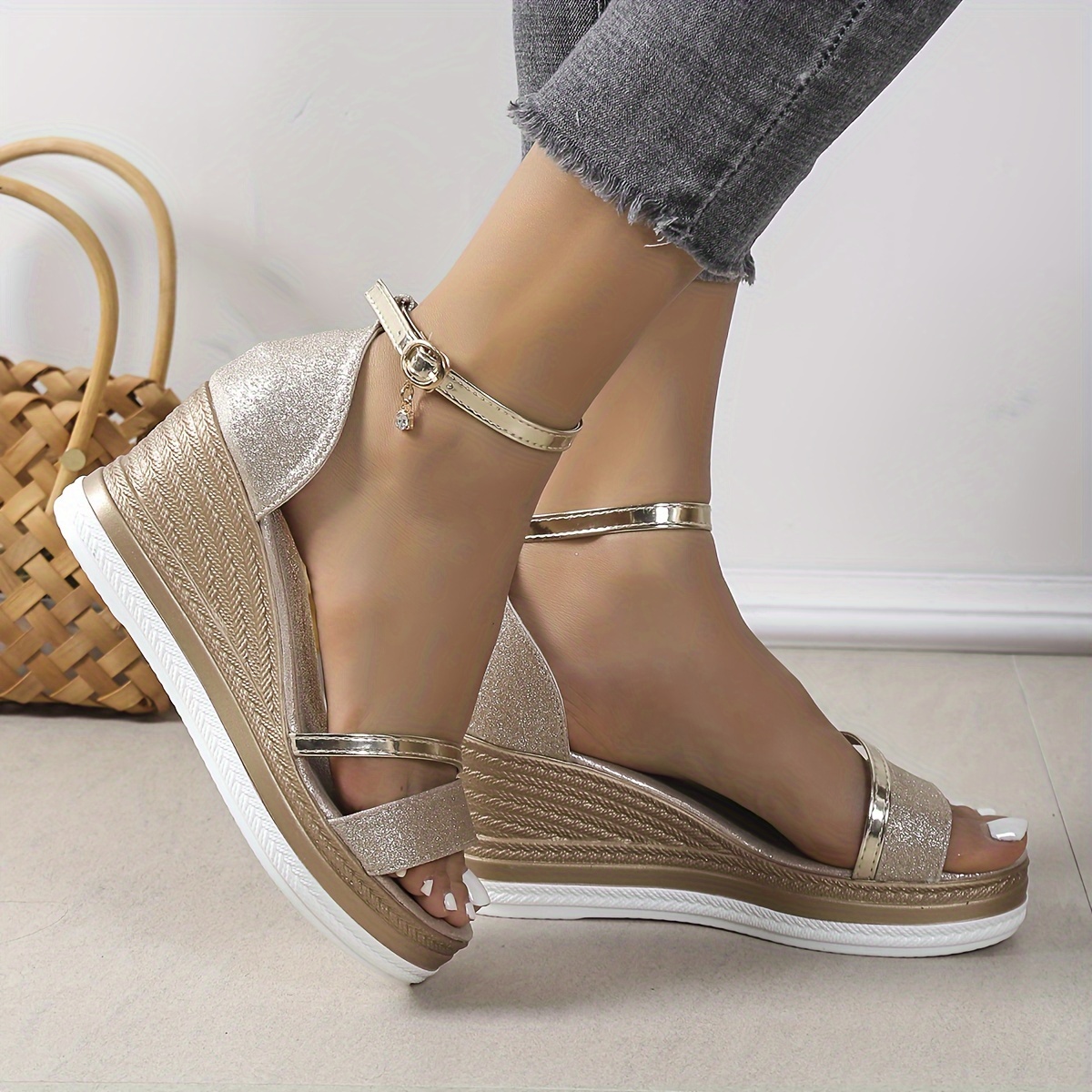 Women's Glitter Wedge Sandals Fashion Open Toe Ankle Strap - Temu