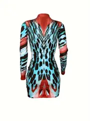 leopard print zip up dress party club wear long sleeve bodycon dress womens clothing details 1