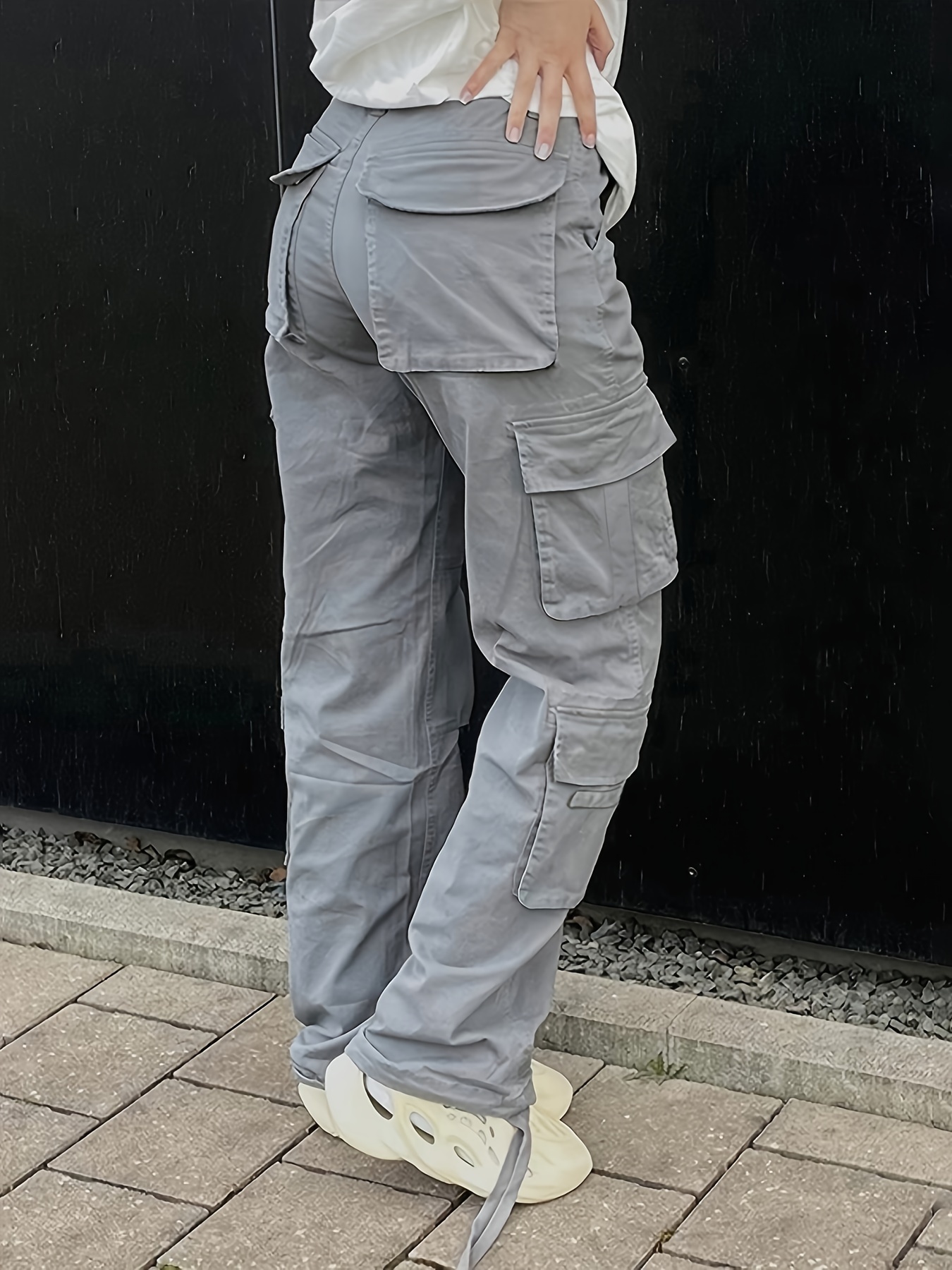 Women's Straight Leg High Waisted Cargo Trousers With Pockets Grey