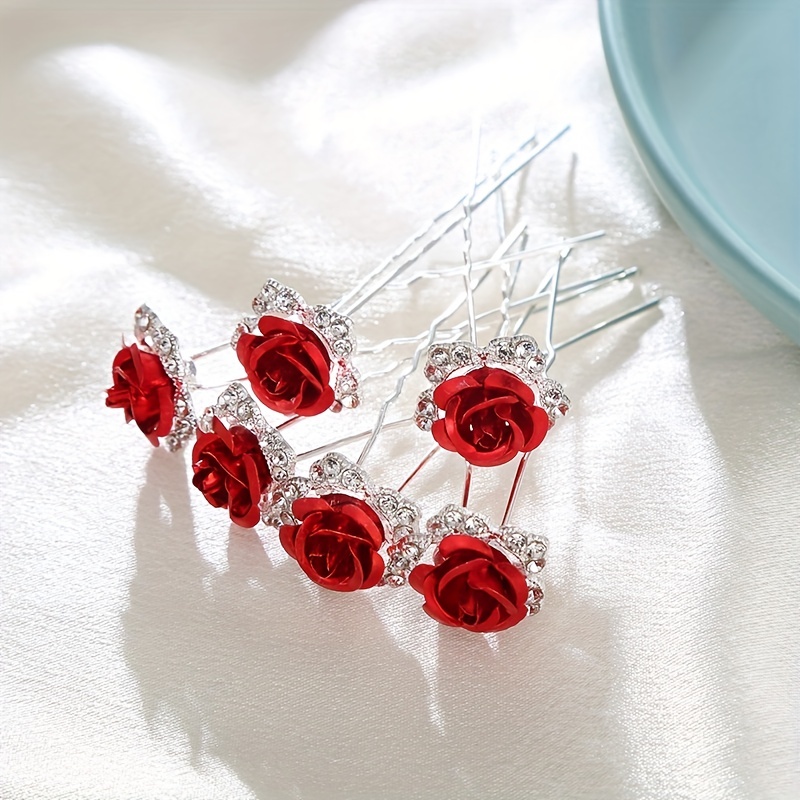 12 Pieces Wedding Flower Hair Pins White Flower Rhinestone Hair Pins  U-Shaped Hairpins for Bridal Wedding Women Hair Jewelry Accessories