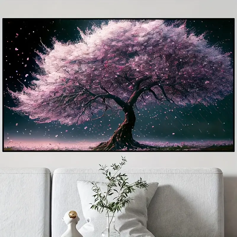 5D DIY Large Size Round Diamond Painting Kits Plant Flowers Beautiful Pink  Cherry Blossom Tree Cherry Blossom Flowers Opening Cherry Blossom Rain Embr